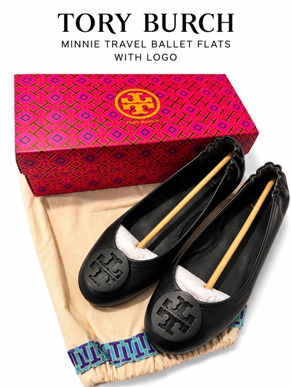 Tory Burch Black Leather Logo Ballet Flats Really Good Condition Size 8.5